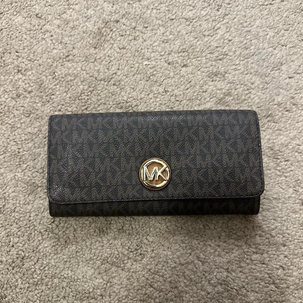 Michael Kors Dark Brown MK Logo Continental Wallet with Gold Emblem